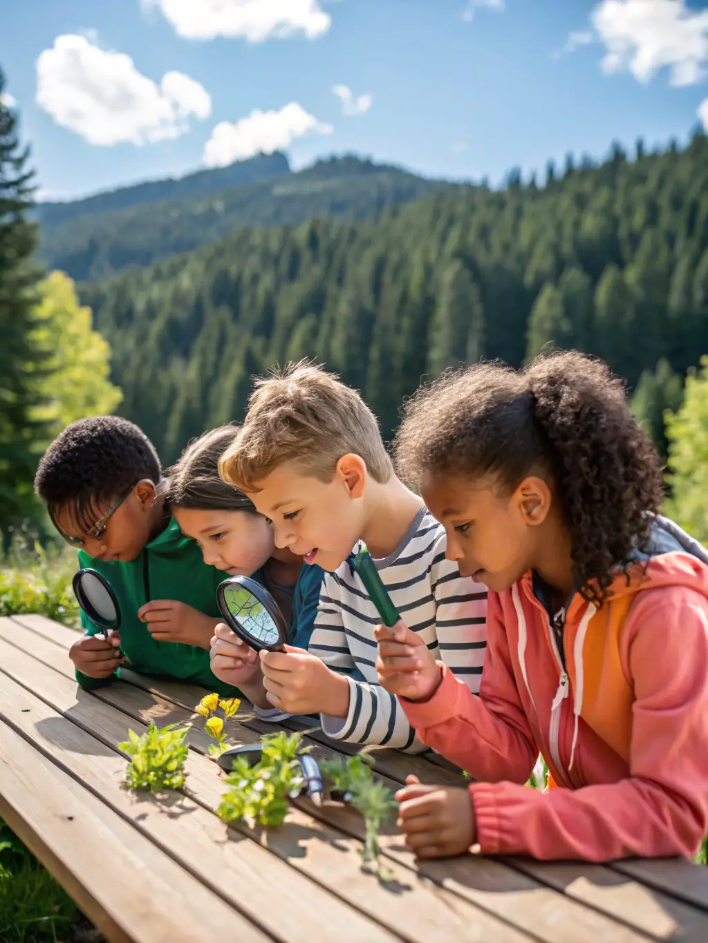 An image of children participating in an educational workshop about local flora and fauna, learning about the importance of biodiversity and ecological balance.