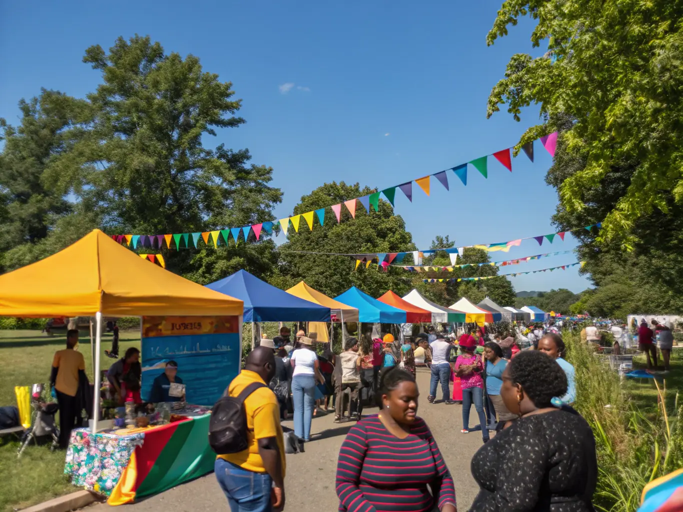 A photograph showing community members gathered at a local event organized by ASSOC LA PIERRE LEVEE, featuring traditional music, local crafts, and regional cuisine, celebrating the area's cultural heritage.