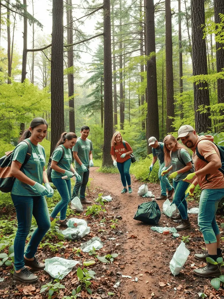 A vibrant photo of volunteers clearing a section of overgrown trail, showcasing their teamwork and dedication to improving the natural environment for hiking.