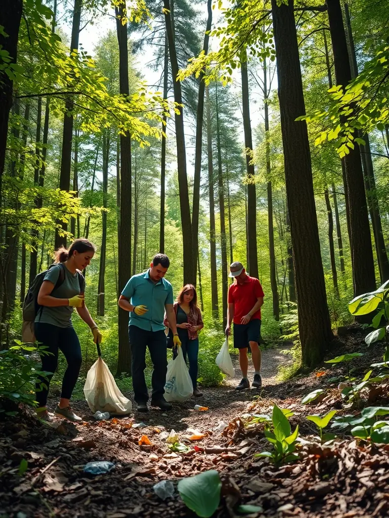 A photograph showcasing volunteers clearing a hiking trail in a forest, emphasizing the organization's commitment to environmental conservation and creating accessible paths for the community.