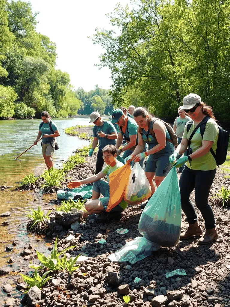 A vibrant photo of volunteers clearing a hiking trail, showcasing teamwork and environmental stewardship in the French countryside.