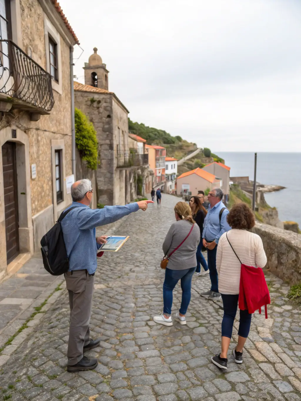 A group of people participating in a guided tour of local historical sites, emphasizing the cultural and historical preservation aspect of the association's work.