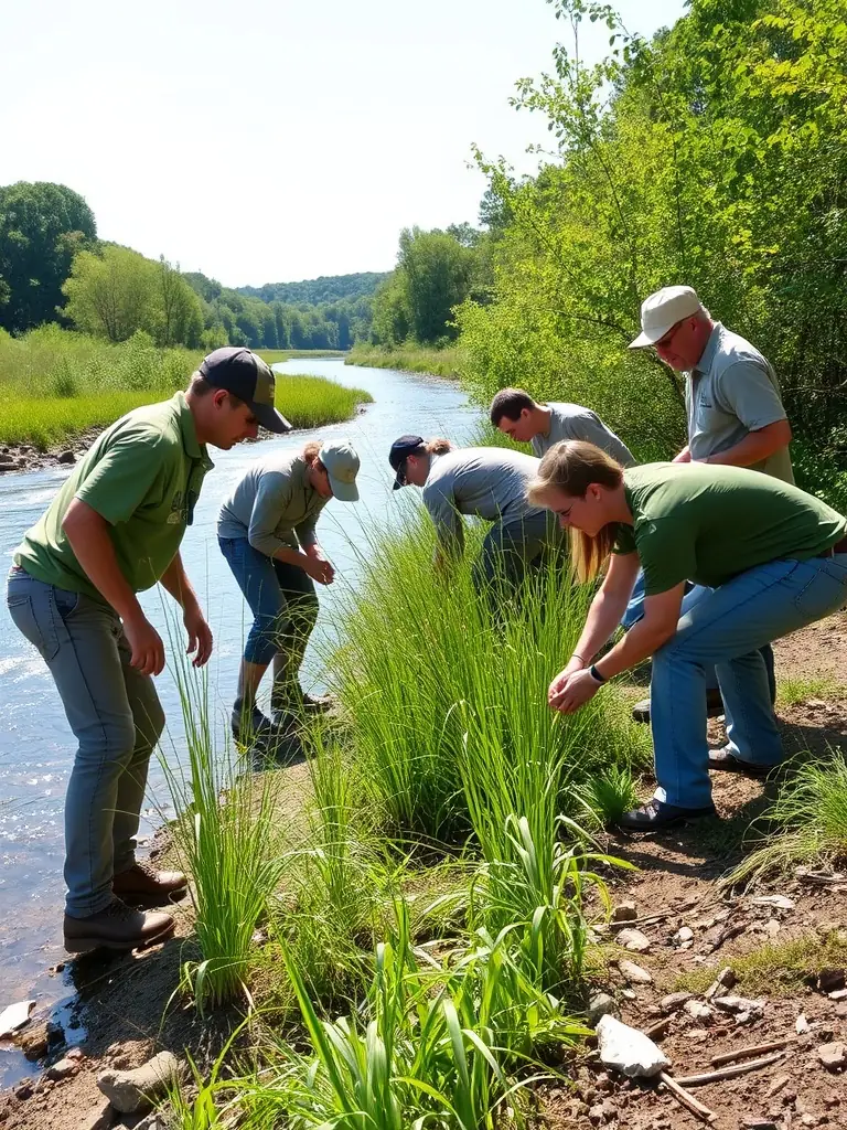 Volunteers planting native trees along a riverbank, illustrating the environmental conservation efforts of the association.
