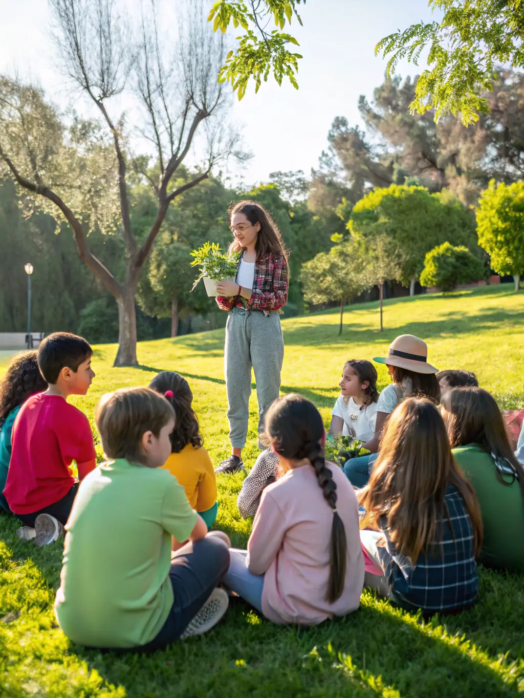 A group of children participating in an educational workshop about local flora and fauna, led by a knowledgeable instructor.