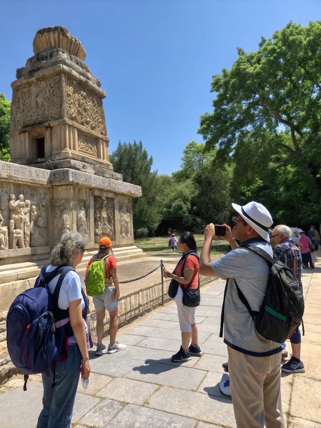 A group of people participating in a guided tour of a historical site, with a knowledgeable guide explaining the significance of the landmark and its cultural heritage.